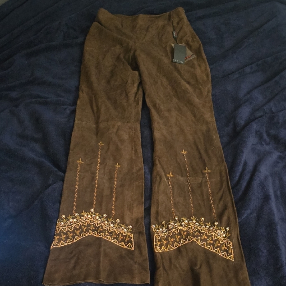 MABRUN PELLE Mapel/Brown Embroidered Women's Trousers Size 44 100% Leather NWT